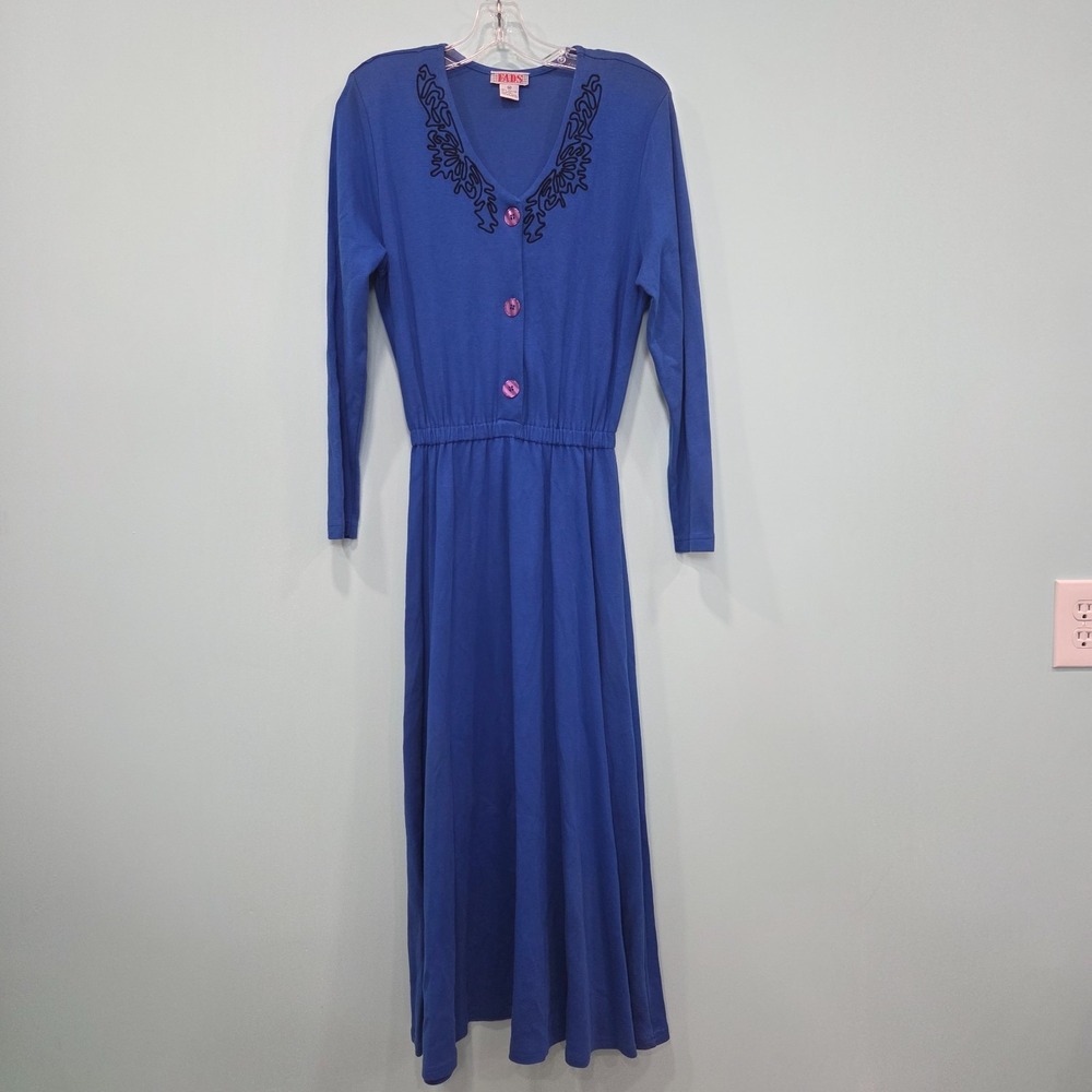 Vintage FADS Dress M‎ Blue Cotton Long Sleeve V Neck Embroidered Drop Waist Maxi